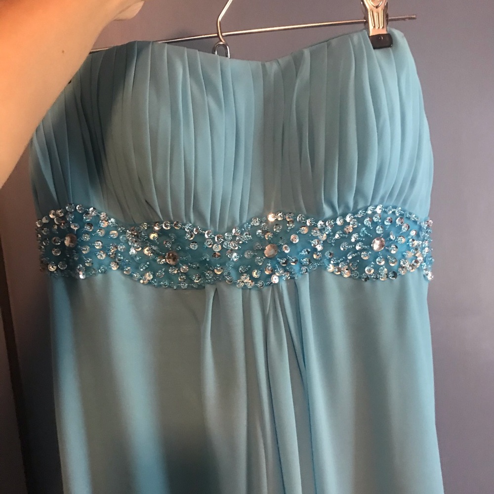 light blue strapless prom dress